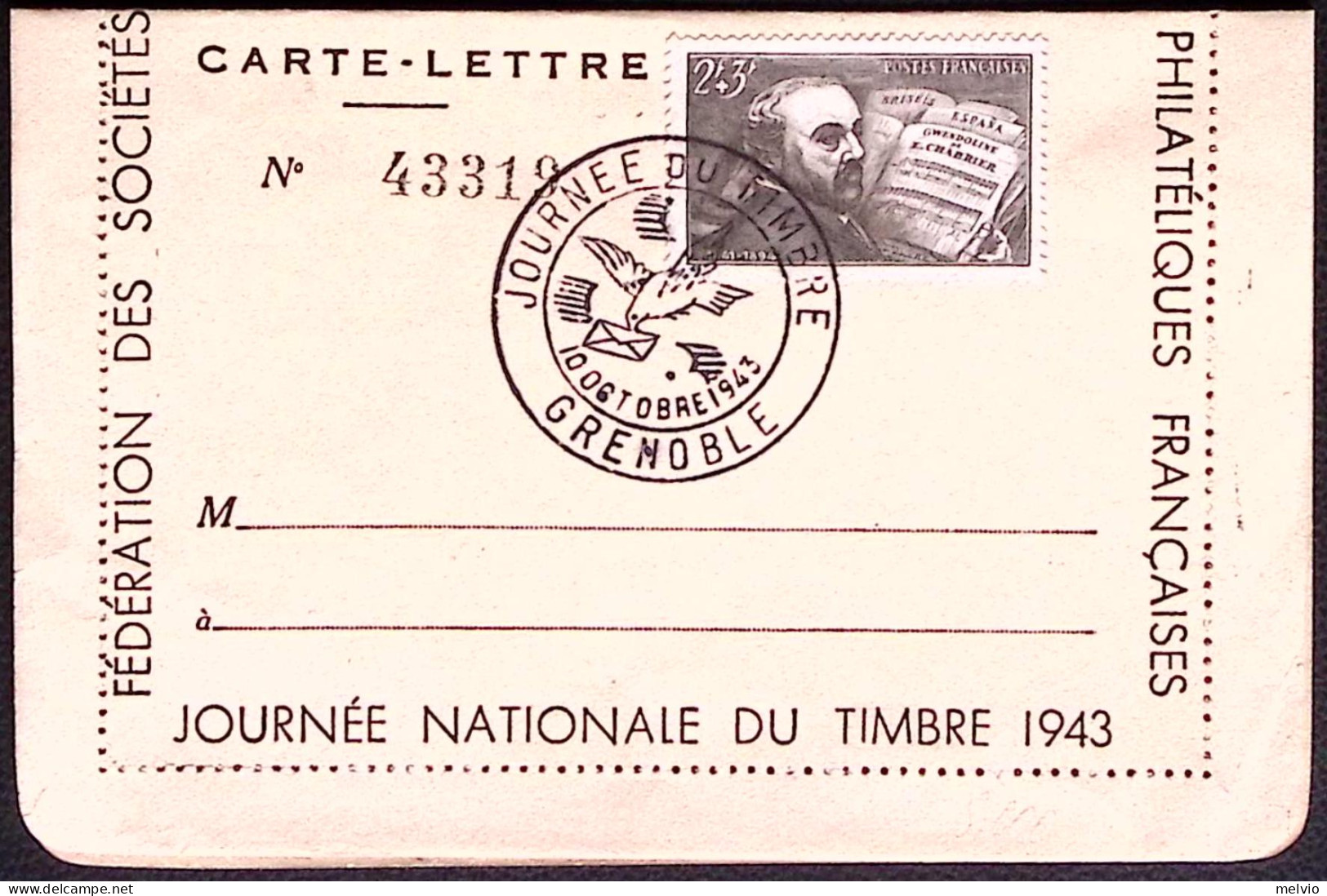 1943-Francia Biglietto Postale Giornata Nazionale Del Francobollo,annullo Figura - Lettres & Documents