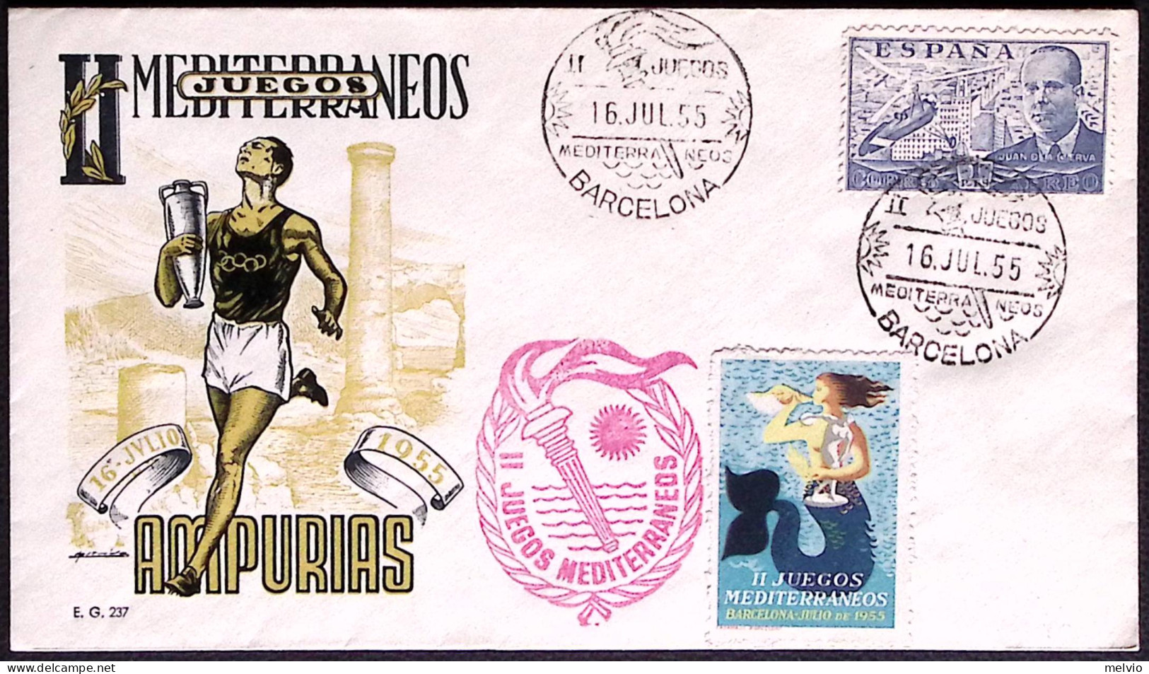 1955-Spagna Busta Illustrata Con Erinnofilo II^ Giochi Del Mediterraneo - Covers & Documents