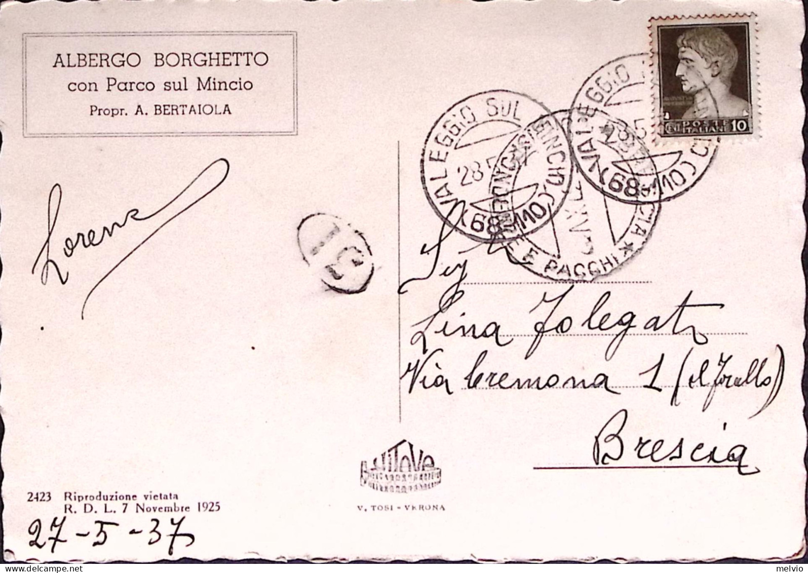1937-Borghetto Di Valeggio Albergo Borghetto E Parco Sul Mincio,cartolina Viaggi - Vicenza