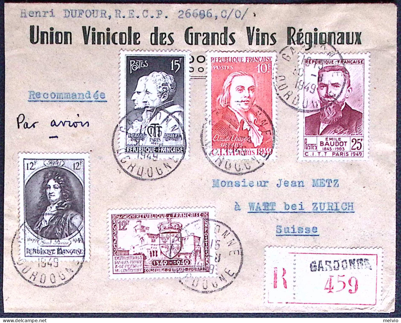 1949-Francia Raccomandata Per Zurigo Con Bella Affrancatura Multipla - Covers & Documents