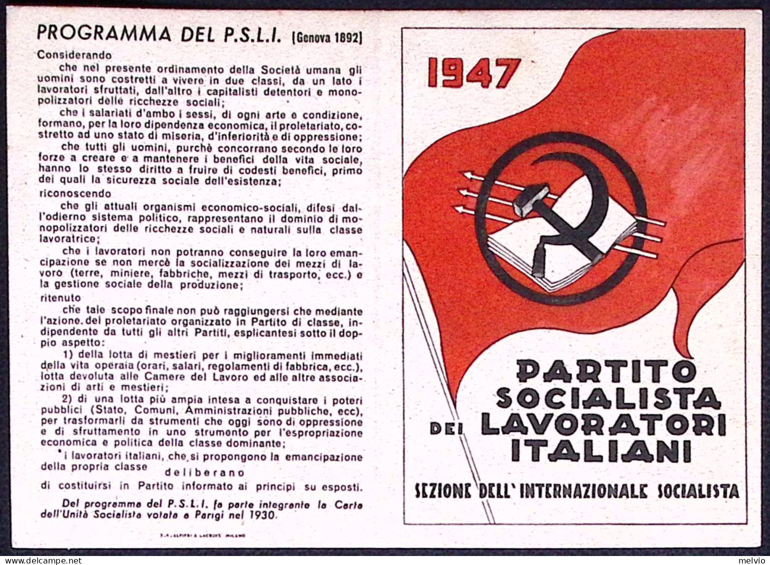 1947-tessera Programma Del P.S.L.I. PARTITO SOCIALISTA LAVORATORI ITALIANI - Lidmaatschapskaarten