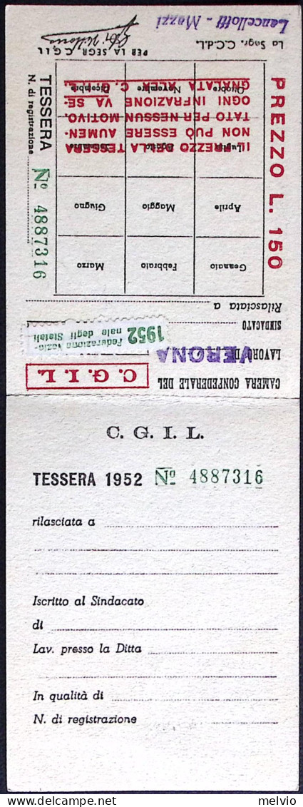 1952-tessera C.G.I.L. Confederazione Generale Italiana Del Lavoro - Cartes De Membre