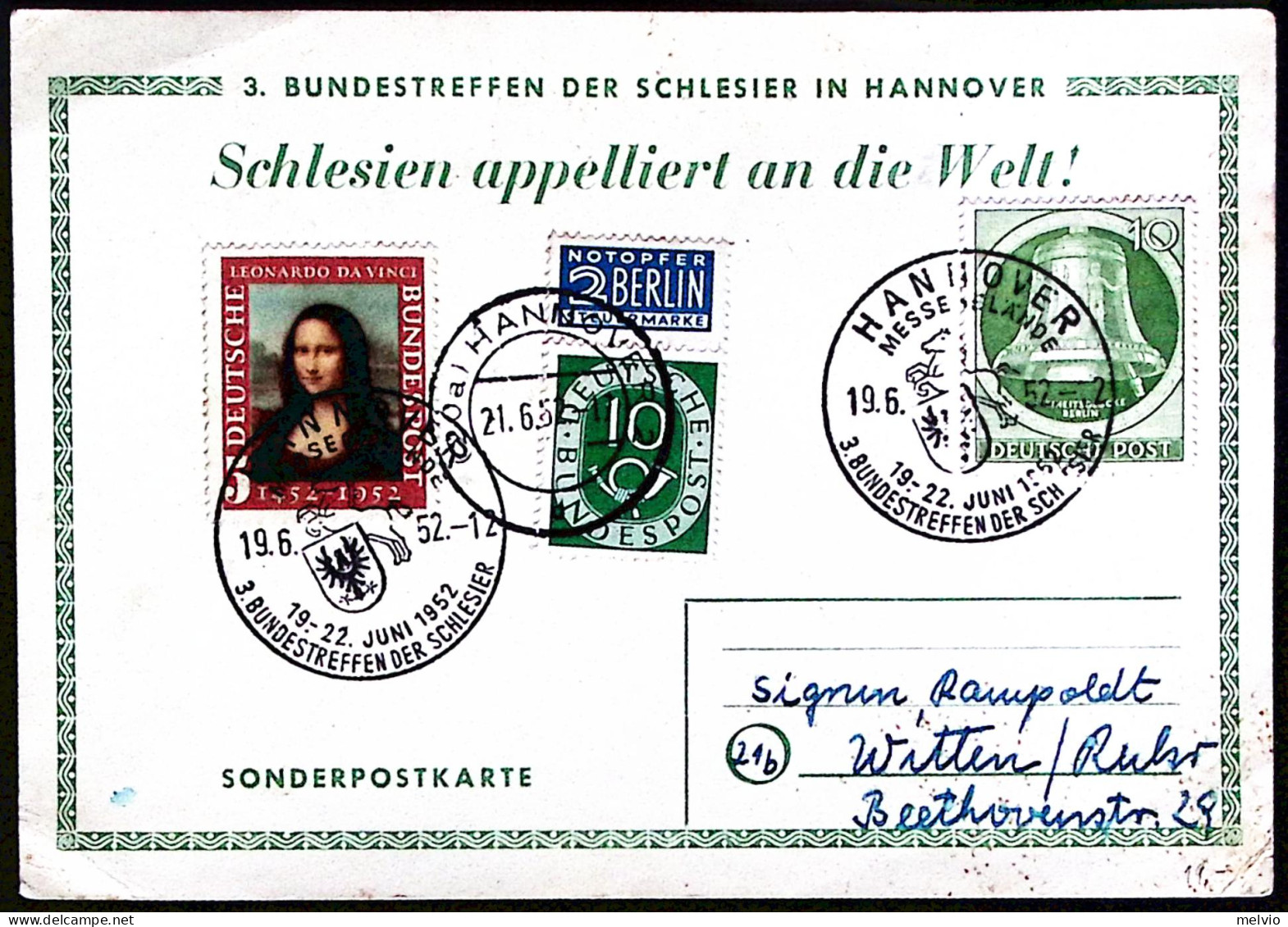 1952-Germania 3 Bundestreffen Der Schlesier In Hannover ,annullo Speciale - Covers & Documents