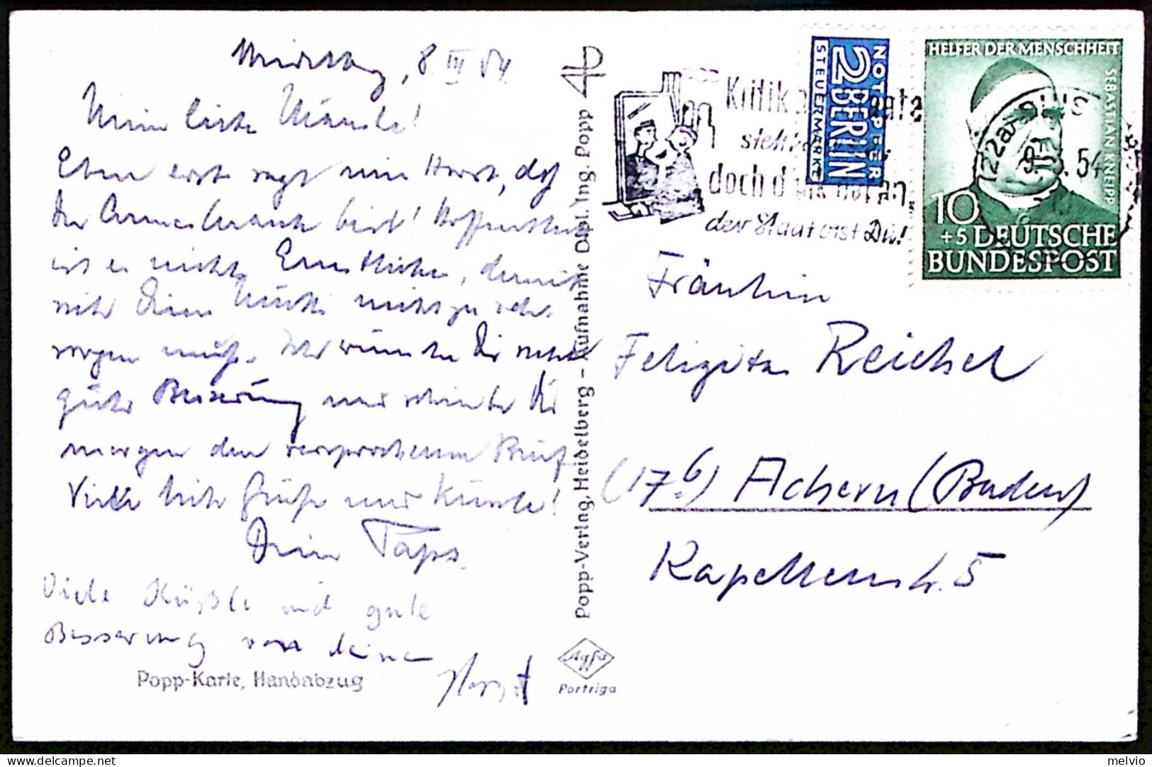 1954-Germania Cartolina Affrancata 10+5pf.Sebastian Kneipp - Cartas & Documentos