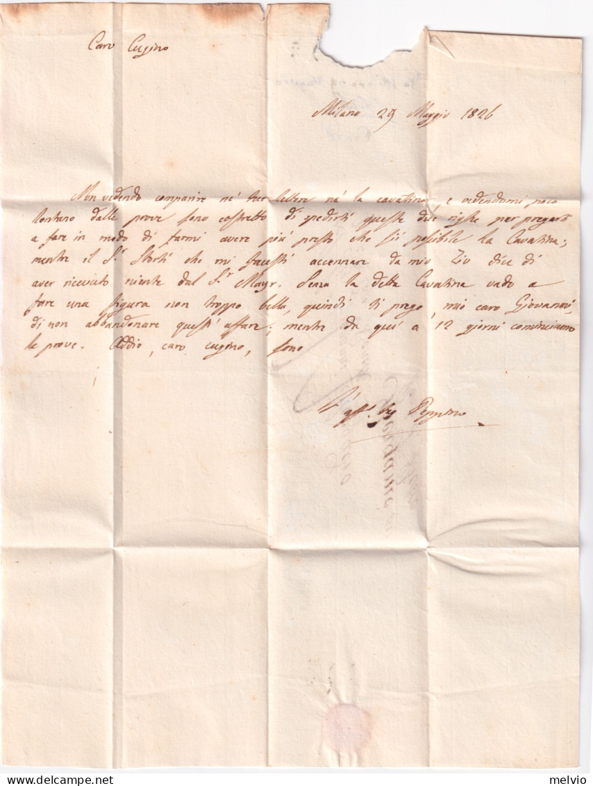 1826 LOMBARDO VENETO Milano Cartella Su Lettera Completa Testo (29.5) - ...-1850 Préphilatélie