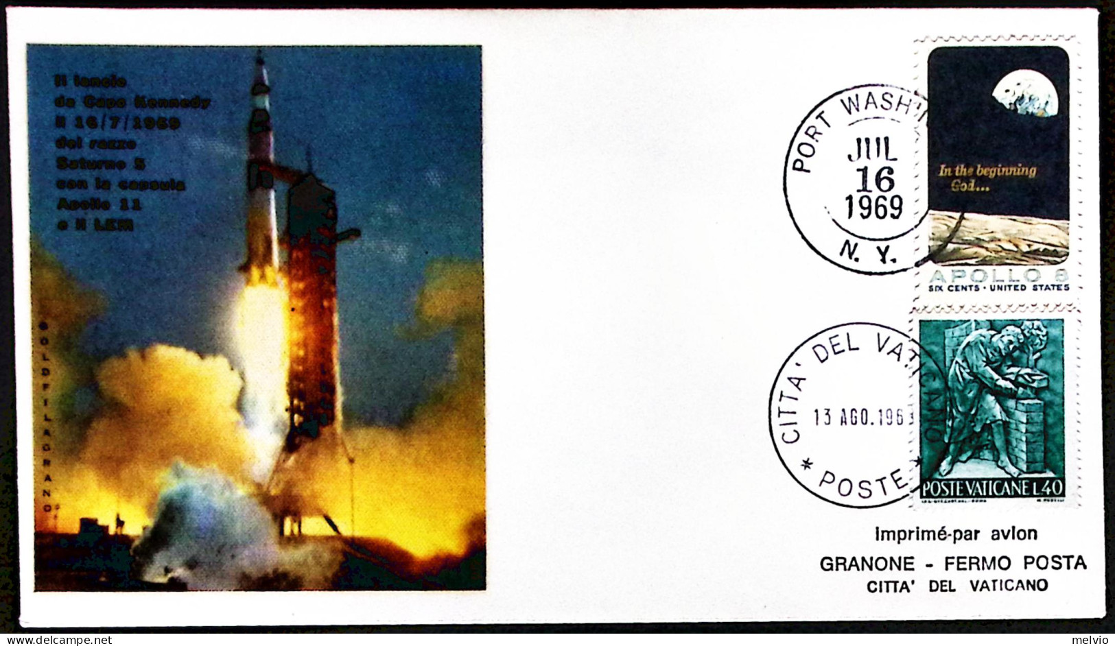 1969-USA-Vaticano Affrancatura Mista Busta Commemorativa Lancio Apollo 11 - Briefe U. Dokumente