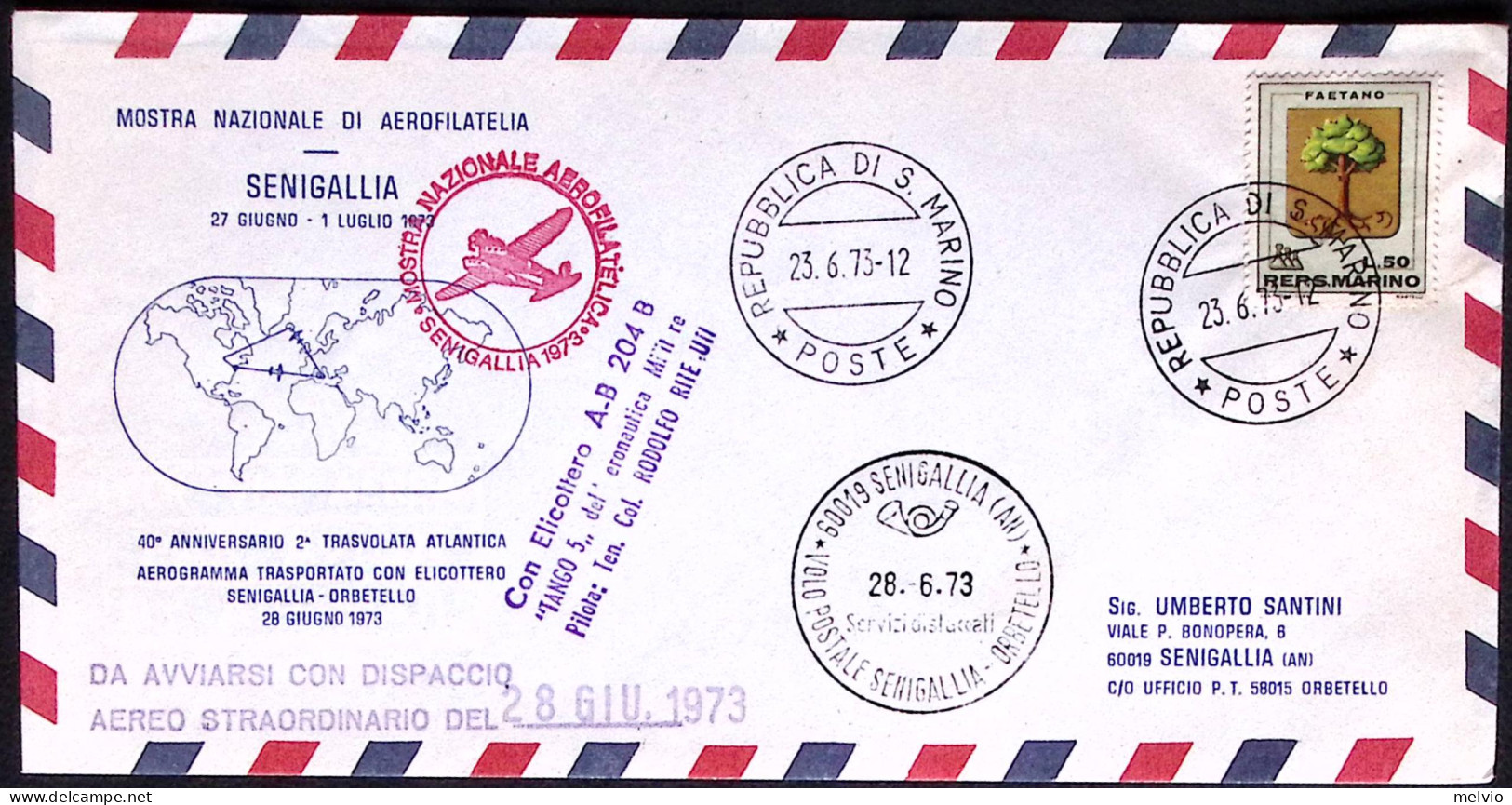 1973-San Marino Aerogramma Collegamento Postale Con Elicottero Senigallia Orbete - Brieven En Documenten
