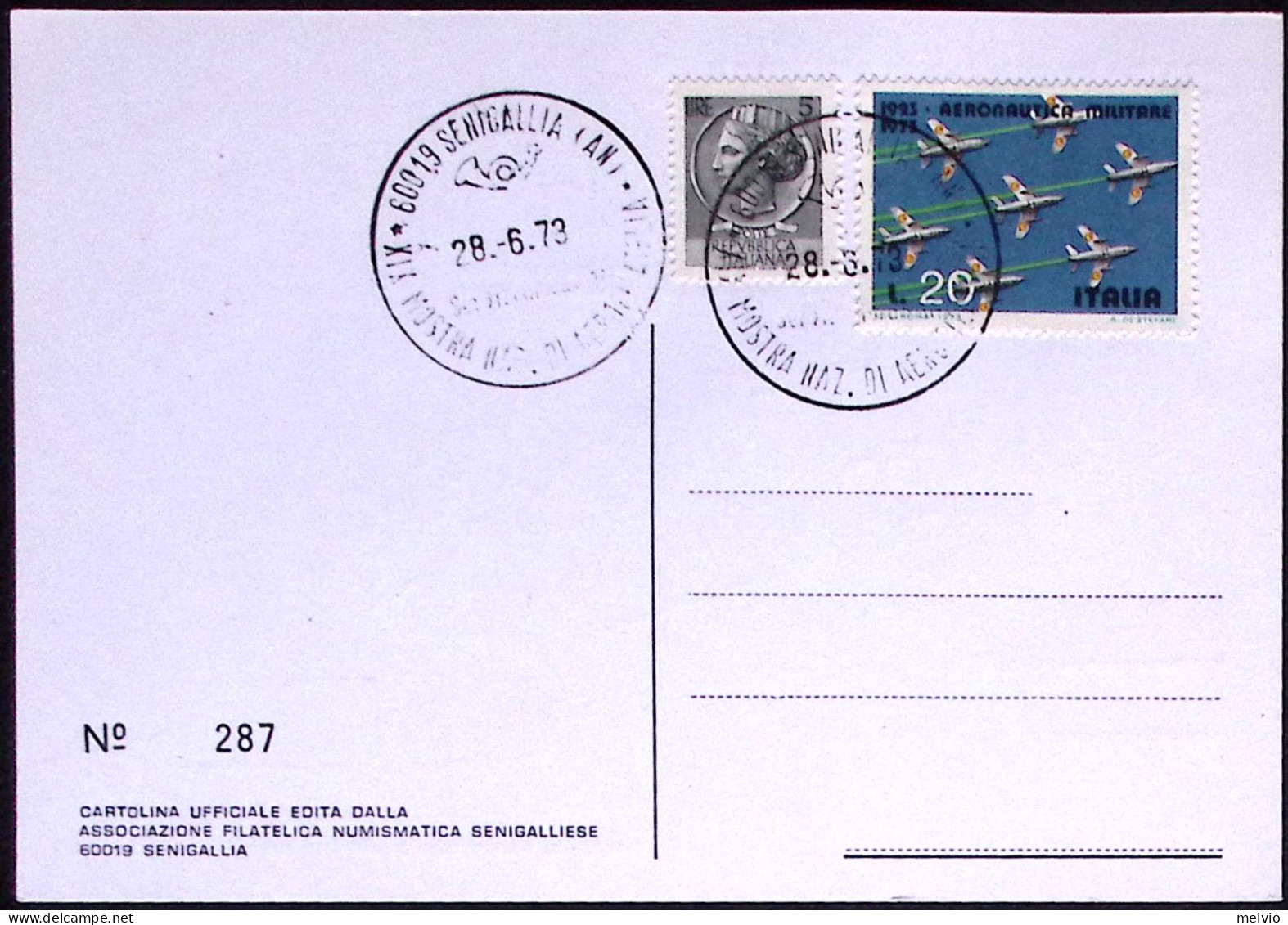 1973-cartolina Commemorativa Della XIX Mostra Aerofilatelia Di Senigallia - 1971-80: Marcofilia