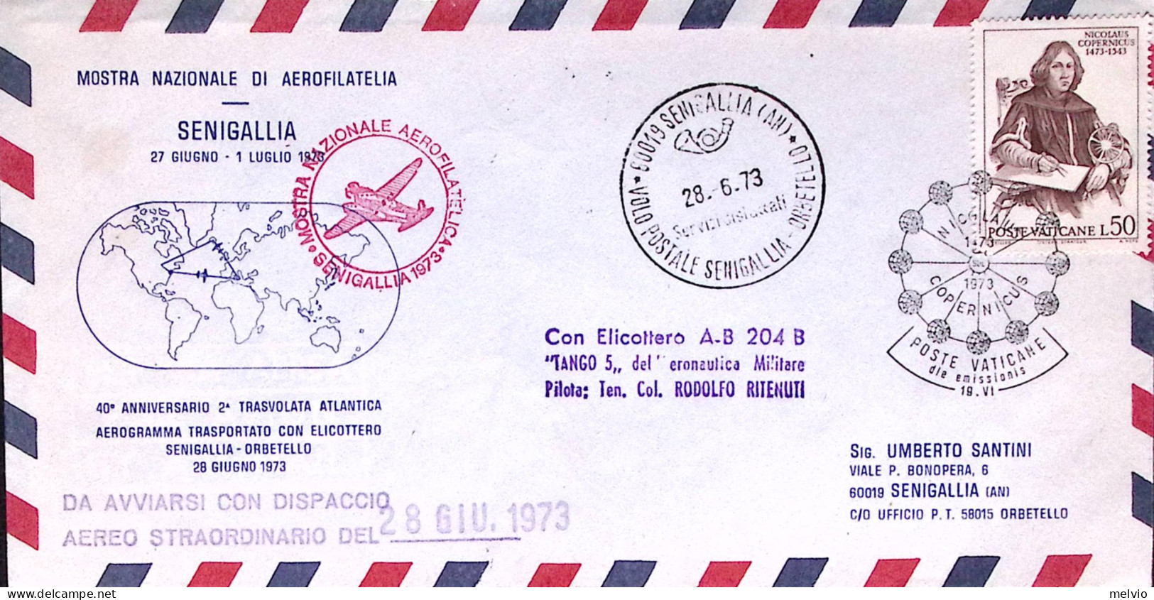 1973-Vaticano Aerogramma Collegamento Postale Con Elicottero Senigallia Orbetell - Brieven En Documenten