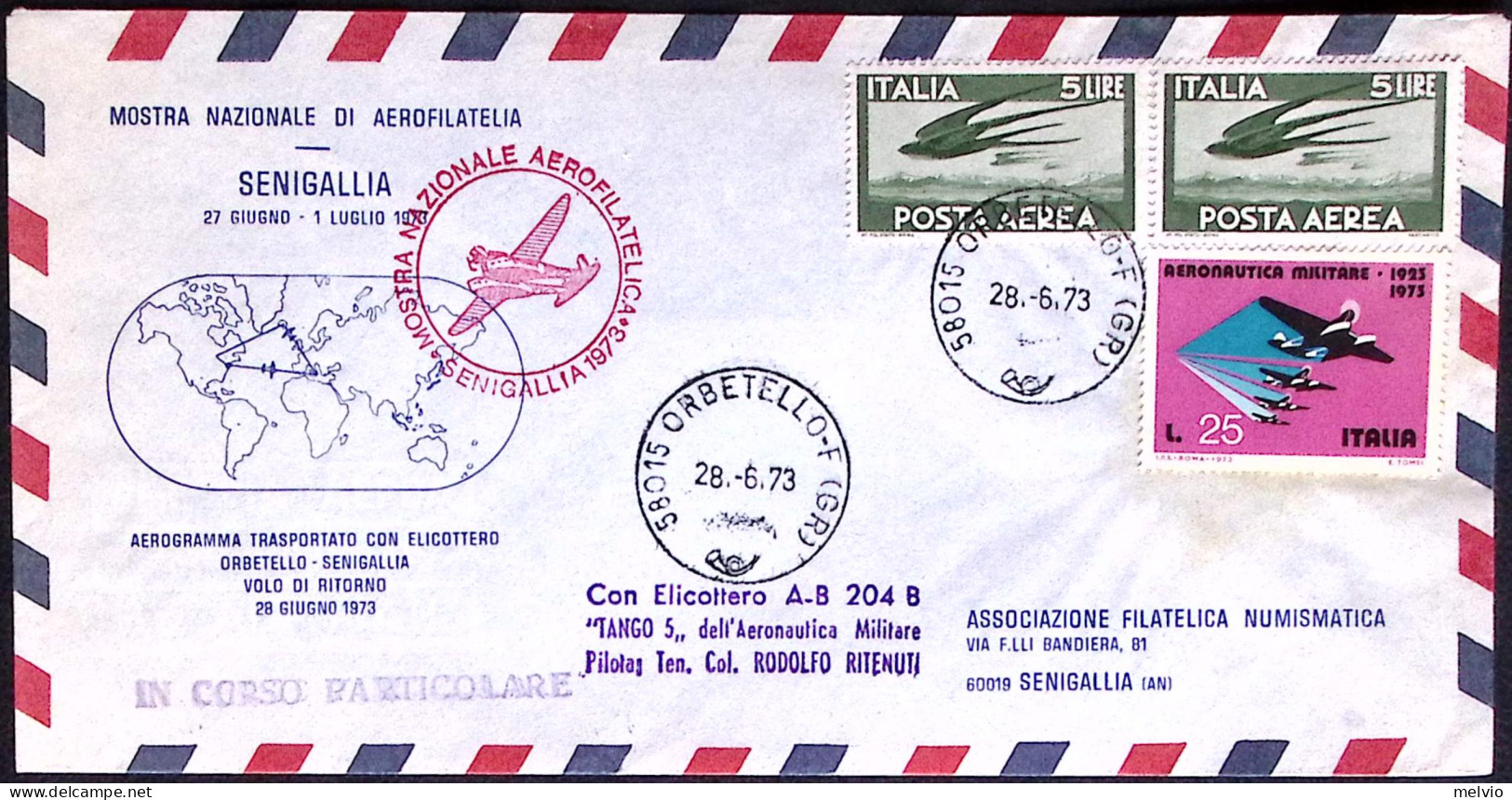 1973-aerogramma Trasportato Con Elicottero Orbetello Senigallia Volo Di Ritorno  - 1971-80: Marcophilia