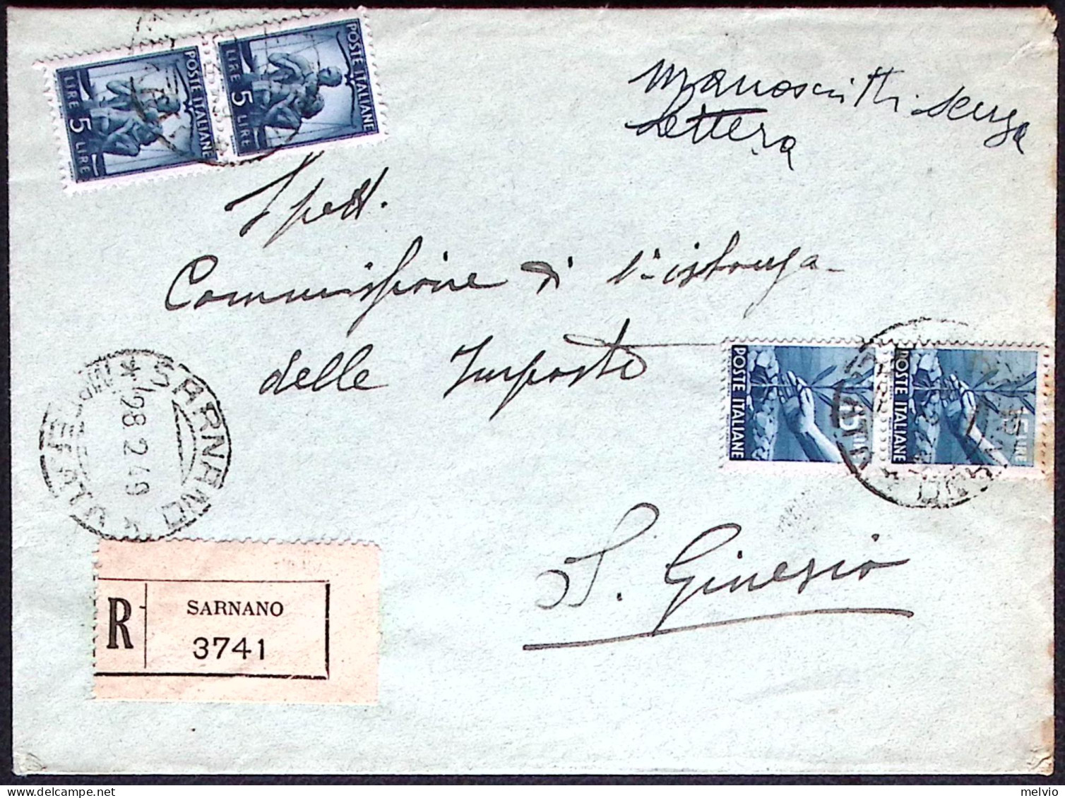1949-raccomandata Con Dicitura A Penna Manoscritti Senza Lettera Affrancata Copp - 1946-60: Poststempel