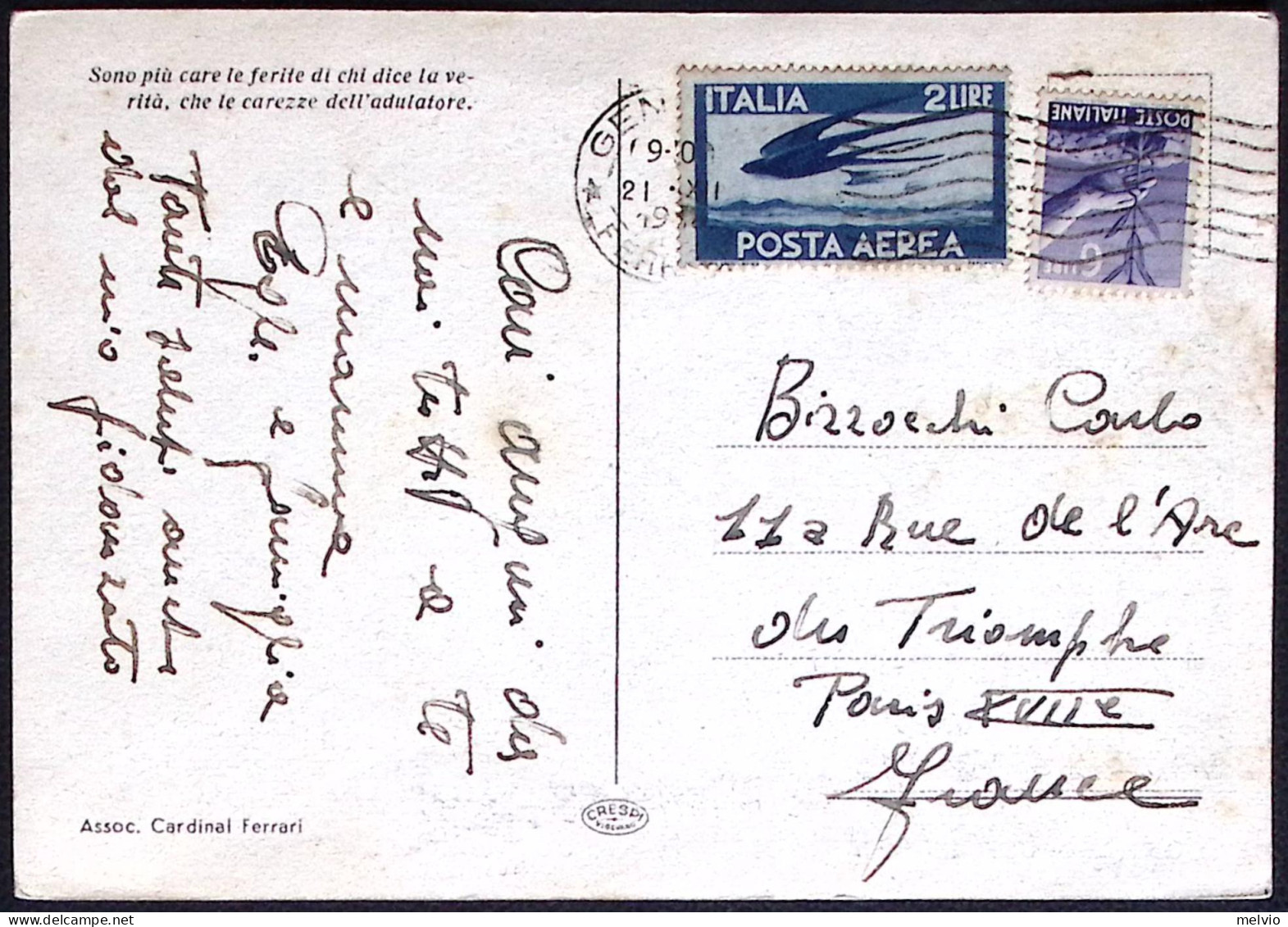 1950-cartolina Buon Natale Diretta In Francia Affrancata L.6 Democratica + Posta - 1946-60: Marcofilia