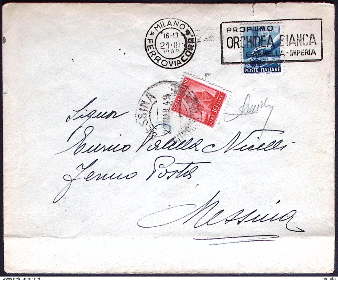 1949-lettera Affrancata L. 15 Per Fermo Posta In Messina Tassata In Arrivo Con L - 1946-60: Marcophilia