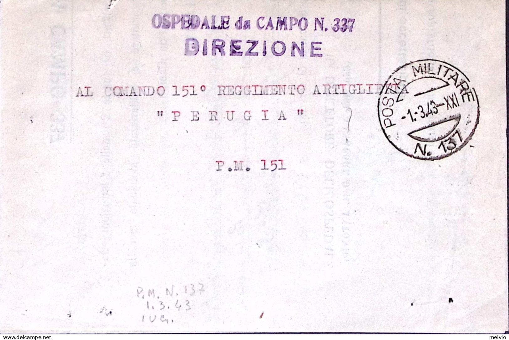 1943-OSPEDALE Da CAMPO N.337 Lineare Su Piego Posta Militare N.137 (1.3) - Guerre 1939-45