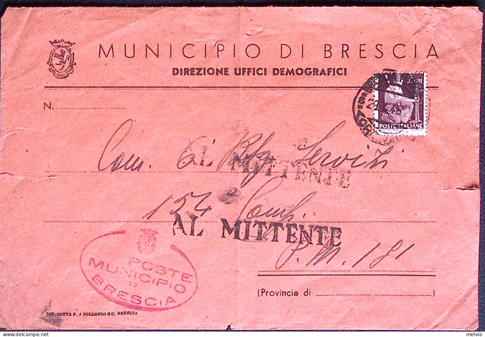 1946-AL MITTENTE Lineare Su Busta, Affrancata Democratica Lire 2 Al Verso P.M. N - War 1939-45