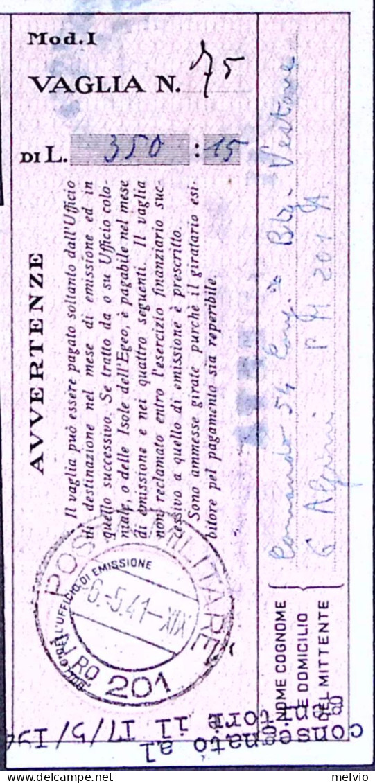 1941-Posta Militare/n.201 C.2 (6.5) Su Polizzino Vaglia - War 1939-45