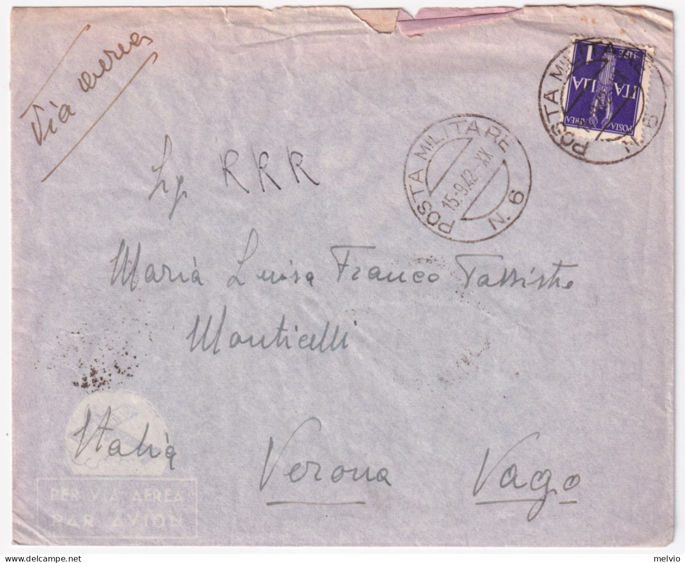 1942-Posta Militare/n. 6 C.2 (15.9) Su Busta Via Aerea - Marcophilia