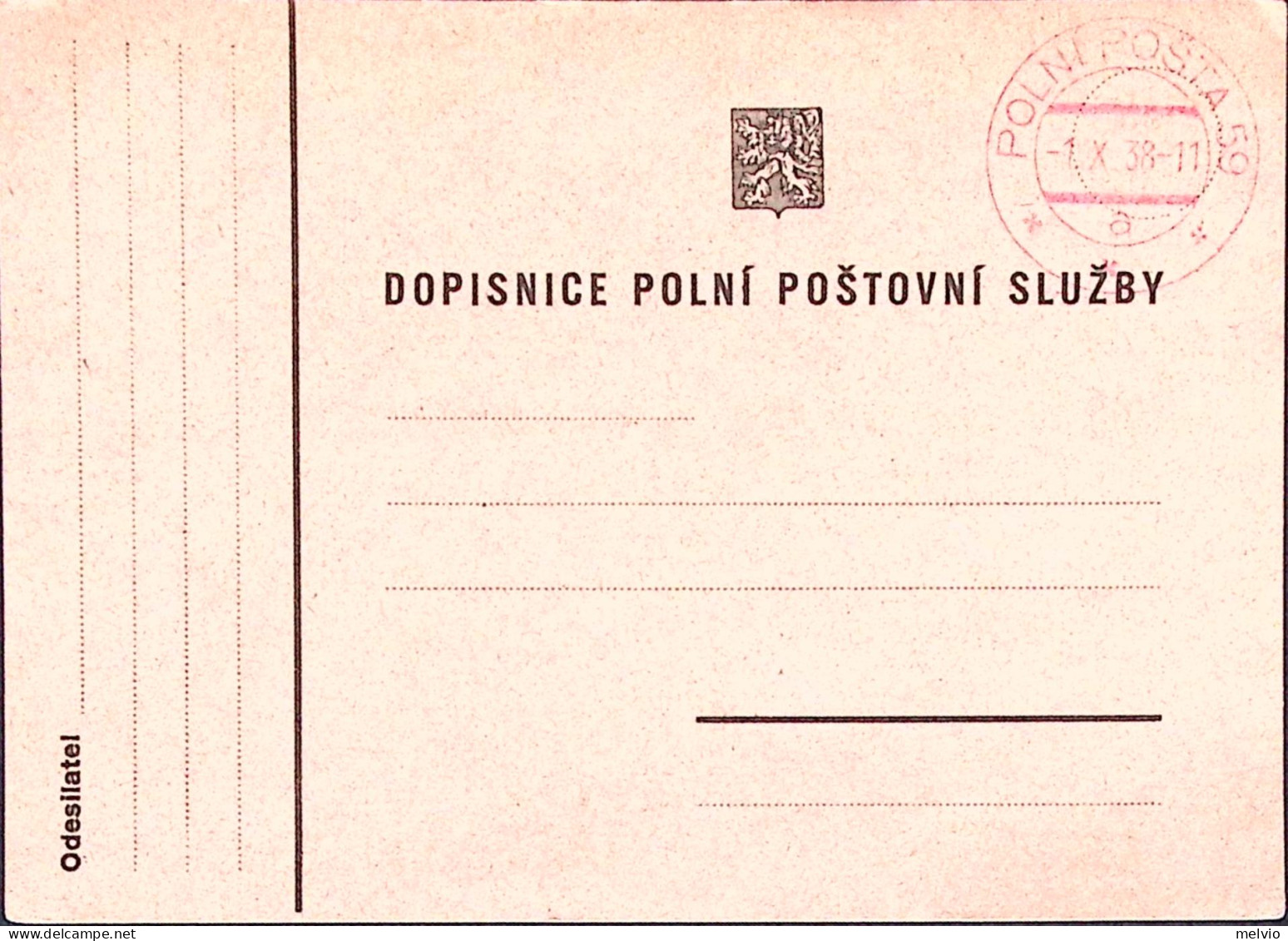 1938-POLONIA POLINI POSTA/59/a C.2 Rosso (1.10) Su Cartolina Franchigia, - Other & Unclassified