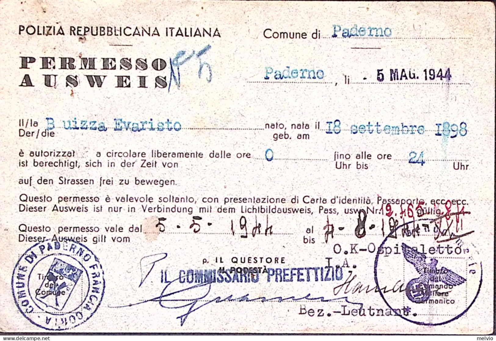 1944-R.S.I. Polizia Repubblica Italiana Permesso Rilasciato A Paderno(5.5)piega  - Poststempel