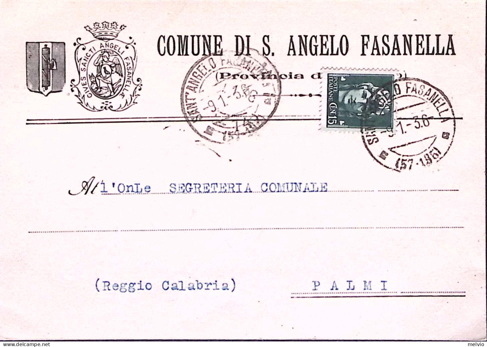 1936-S.ANGELO FASANELLA C.2 (9.1) Su Cartolina Affrancata Imperiale C.15 - Marcophilia