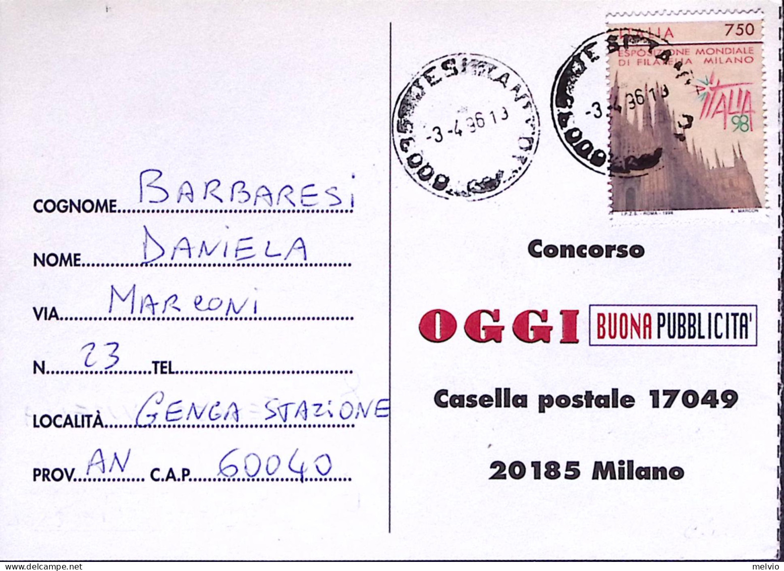 1996-CONCORSO PREMI OGGI Viaggiata - 1991-00: Poststempel