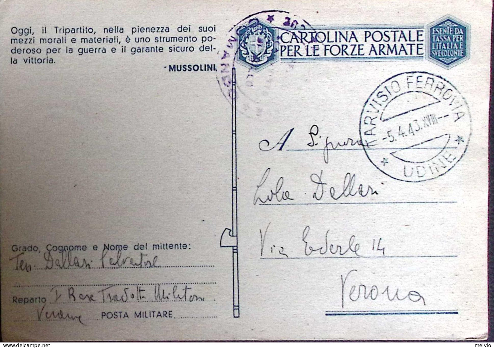 1943-1 BASE TRADOTTE MILITARI Manoscritto Su Cartolina Franchigia Tarvisio (5.4) - Guerra 1939-45
