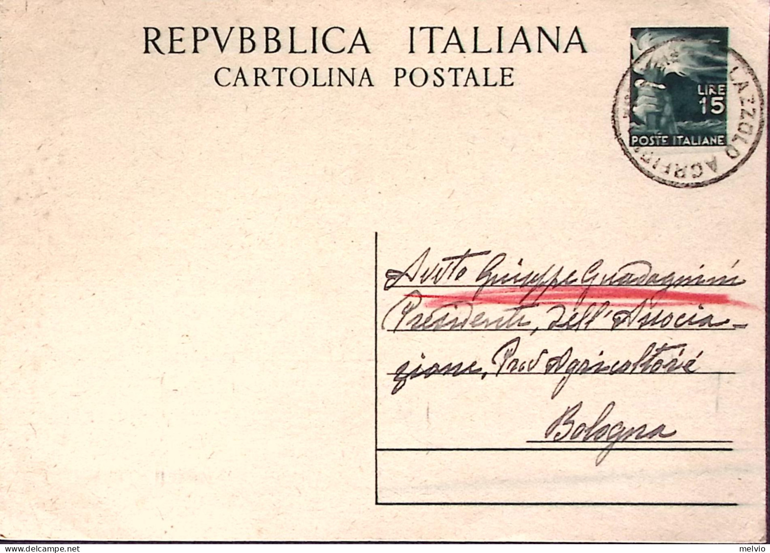 1950-Cartolina Postale Democratica Lire 15 Viaggiata - 1946-60: Storia Postale