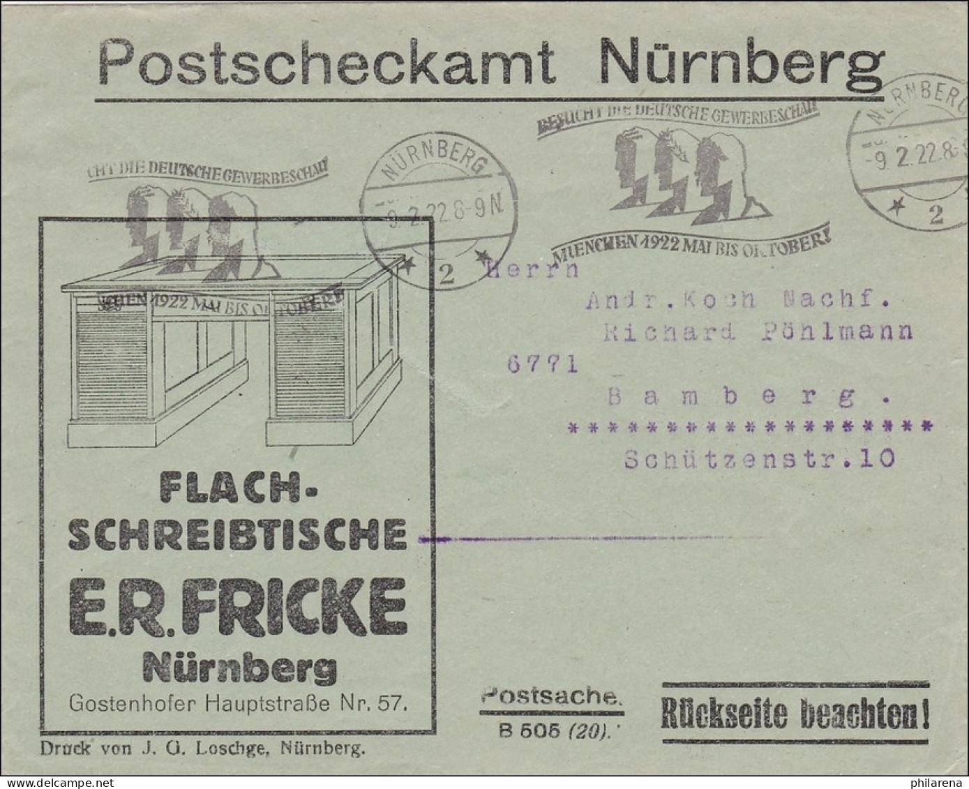 Bayern: 1922: Brief Nürnberg  Bamberg Schreibtisch Werbestempel Gewerbeschau - Lettres & Documents