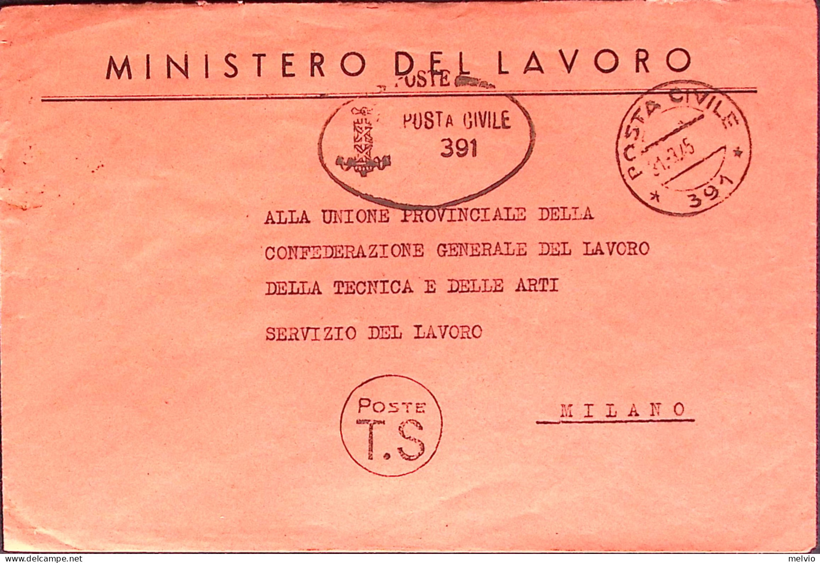 1945-R.S.I. MINISTERO DEL LAVORO Ovale E Posta Civile/391 C.2 (31.3) Su Busta No - Marcophilie