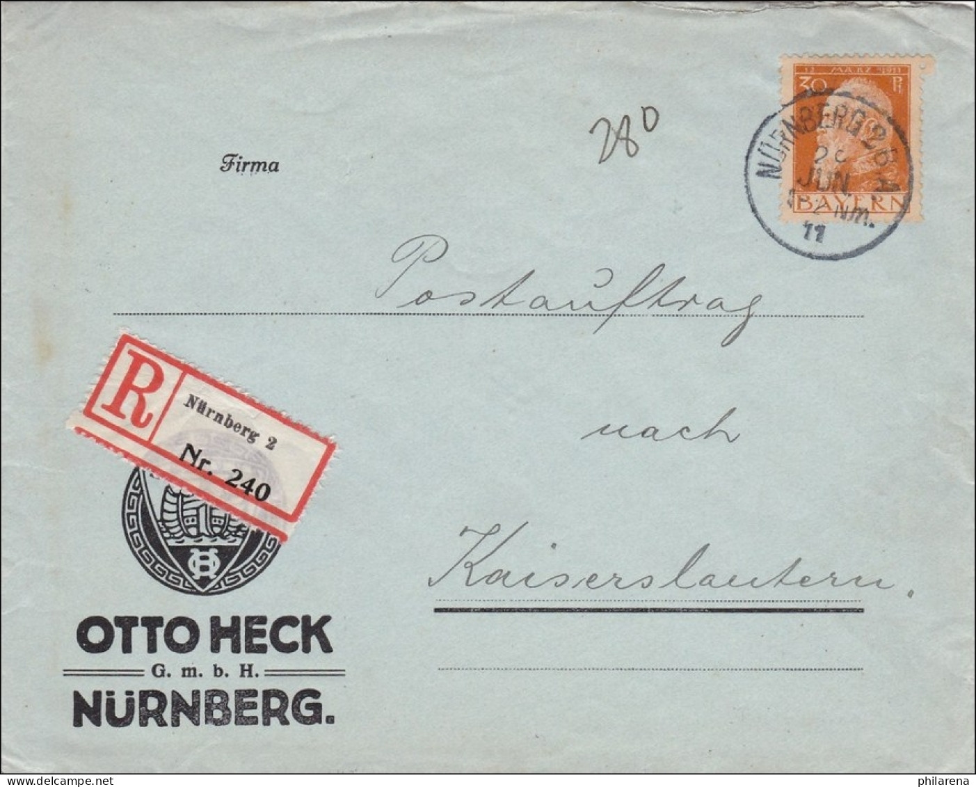 Bayern: 1911: Brief Von Nürnberg Nach Kaiserslautern - Postauftrag - Lettres & Documents