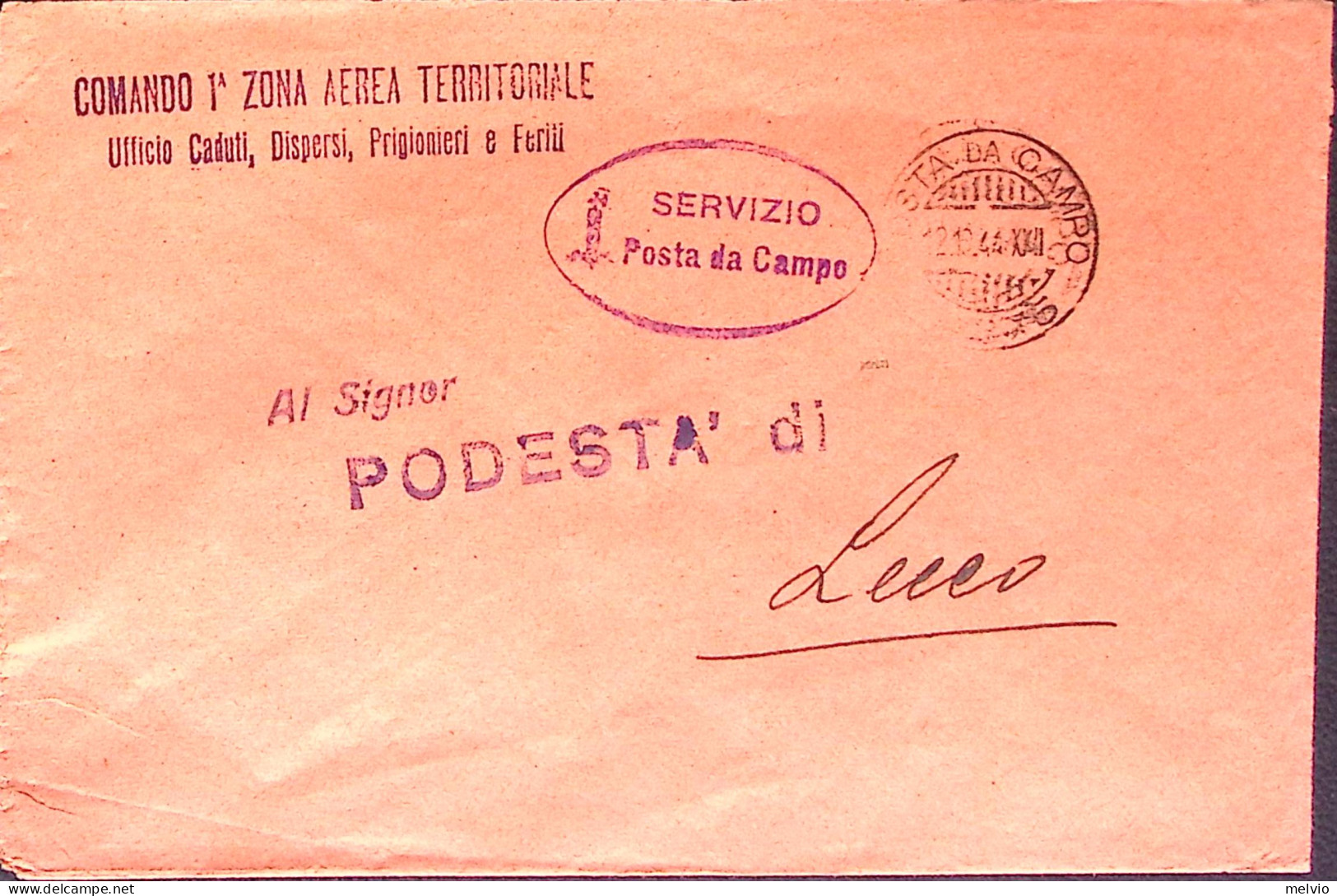 1944-R.S.I. COMANDO 1 ZONA TERRITORIALE Lineare In Gomma Viola Su Busta Di Servi - Guerra 1939-45