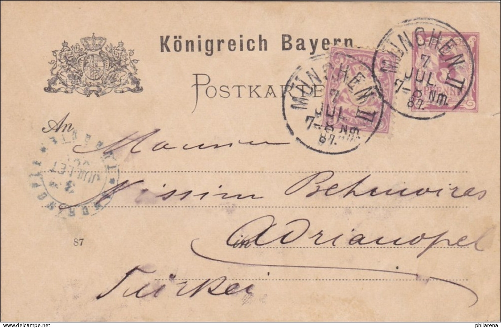 Bayern: 1887, Ganzsache  Mit Wz Von München In Die Türkei - Postwaardestukken