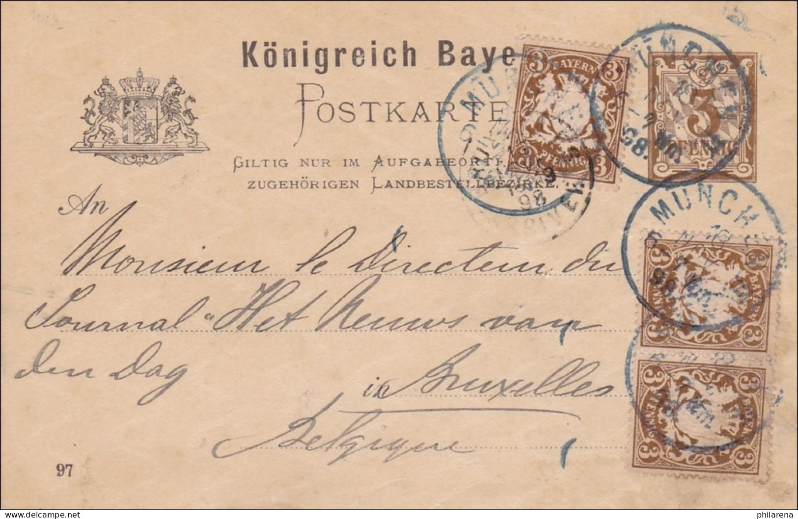 Bayern: 1898: Ganzsache Von München Nach Belgien - Entiers Postaux