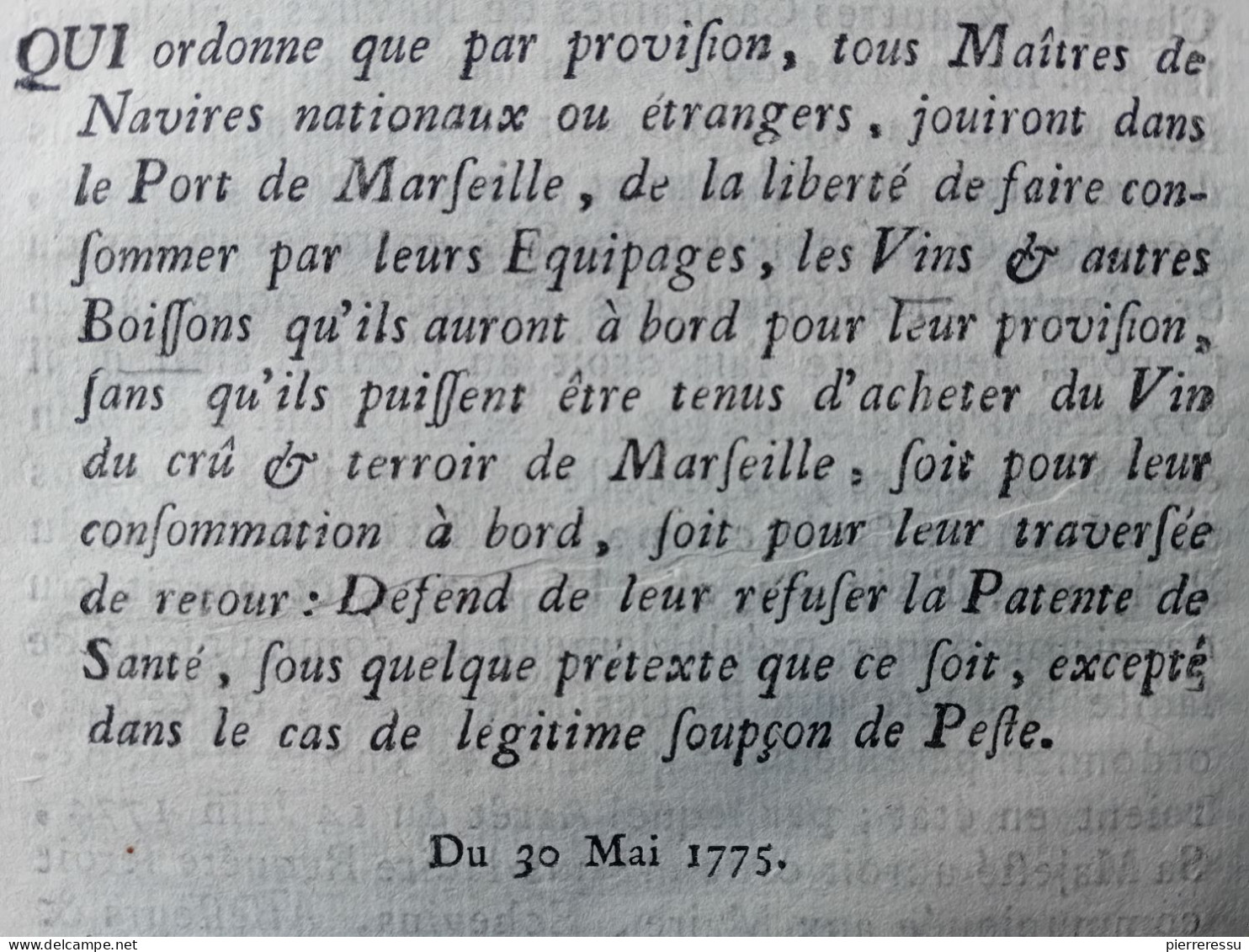 LOI 1775 PORT MARSEILLE MAITRES DE NAVIRES CONSOMATION VINS ET AUTRES BOISSONS SOUPÇON DE PESTE - Historical Documents