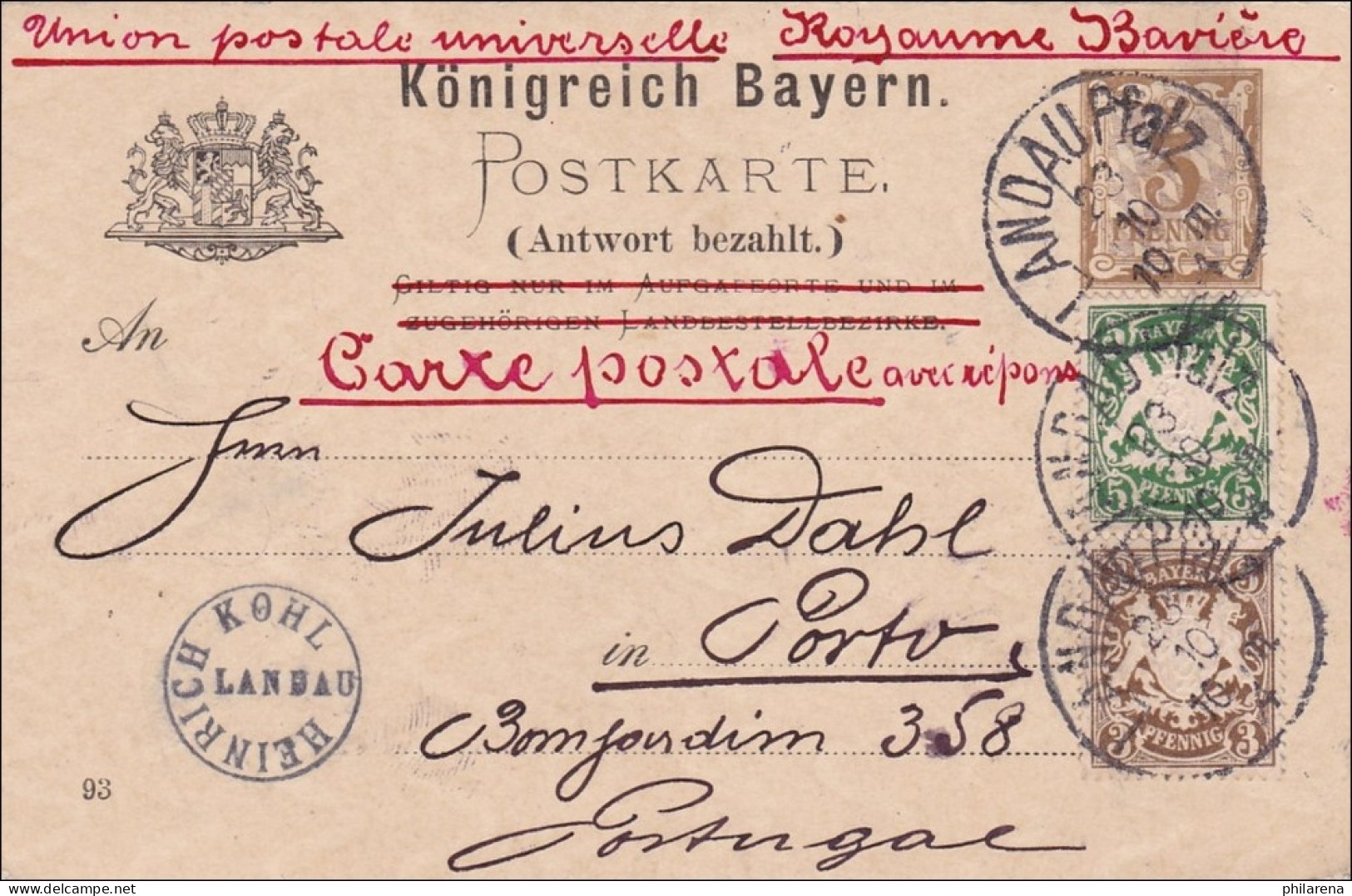 Bayern: 1894 Postkarte, Bezahlte Antwort Von Landau (Pfalz) Nach Portugal - Lettres & Documents