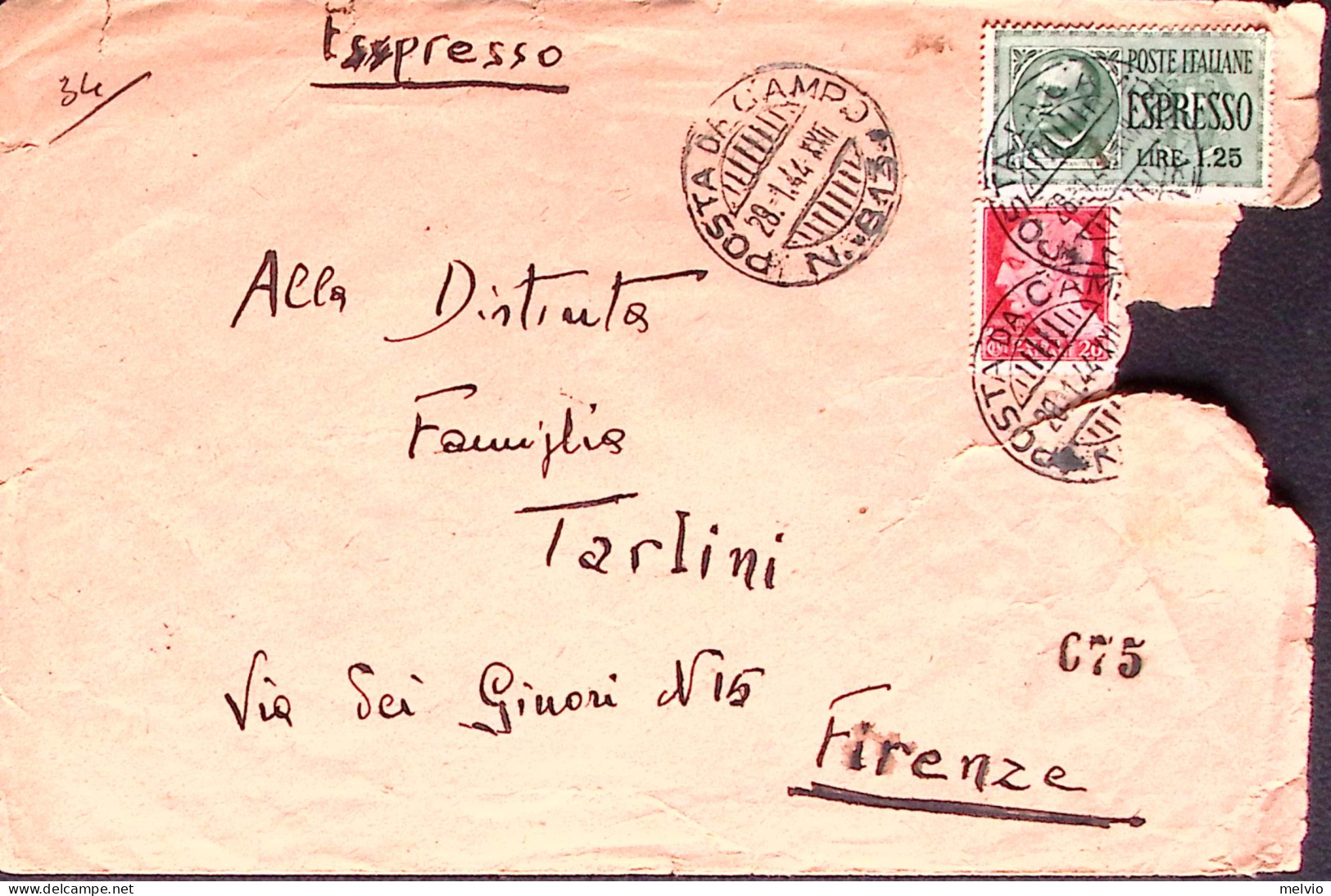 1944-R.S.I Posta Da Campo N.813 C.2 (29.1) Su Espresso (un Francobollo Caduto) I - Guerra 1939-45