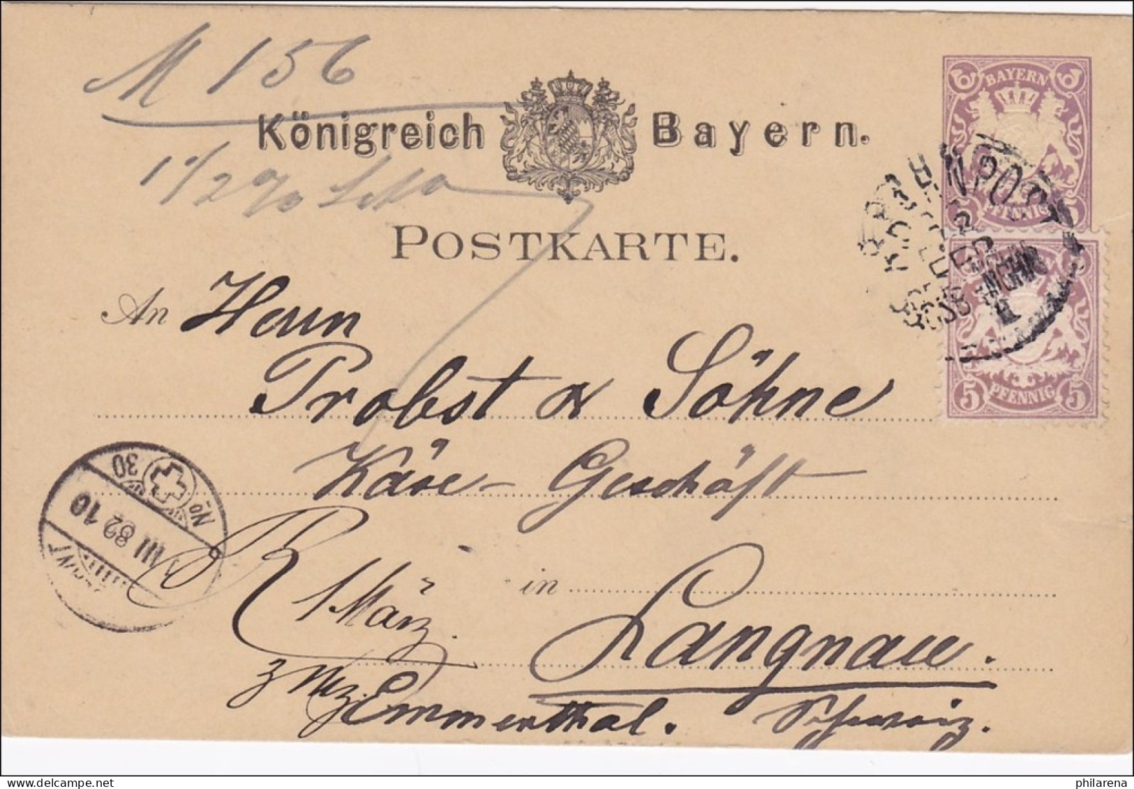 Bayern: 1882, Ganzsache Von Regensburg Nach Langnau/Emmenthal In Der Schweiz - Postal  Stationery