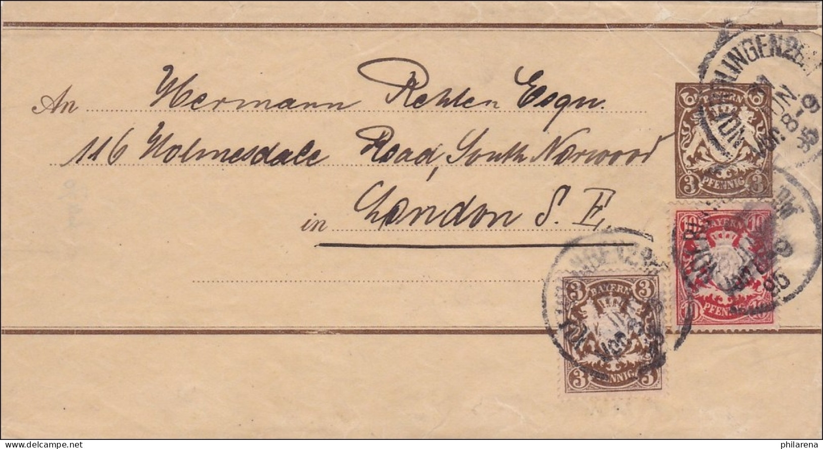 Bayern: 1895, Streifband Von Nördlingen Nach London - Postal  Stationery