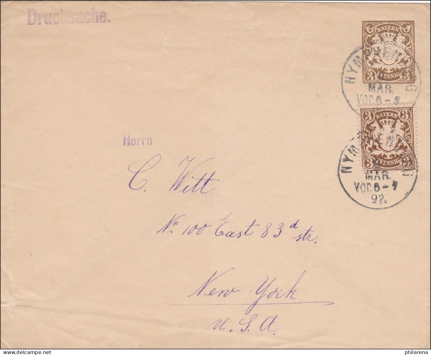 Bayern: 1897: Ganzsachenumschlag Von Nymphenburg Nach New York - Entiers Postaux