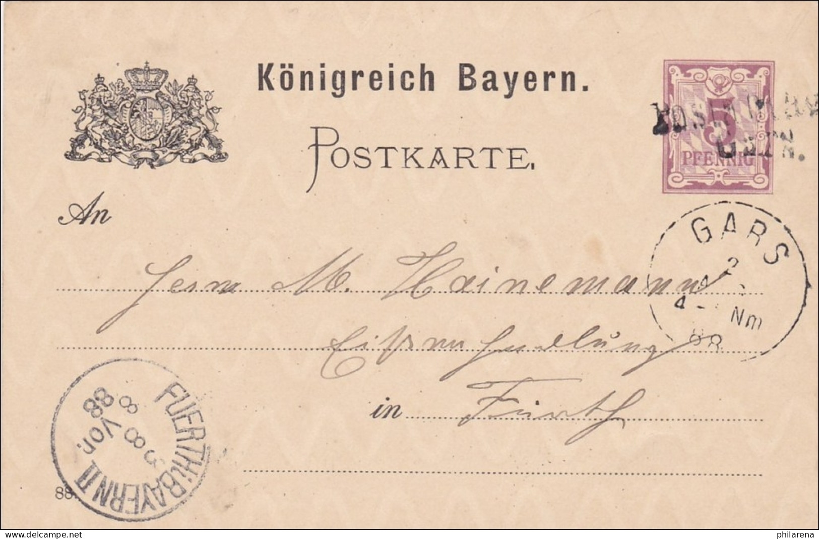 Bayern: 1888, Ganzsache Postablagestelle Nach Fürth - Entiers Postaux