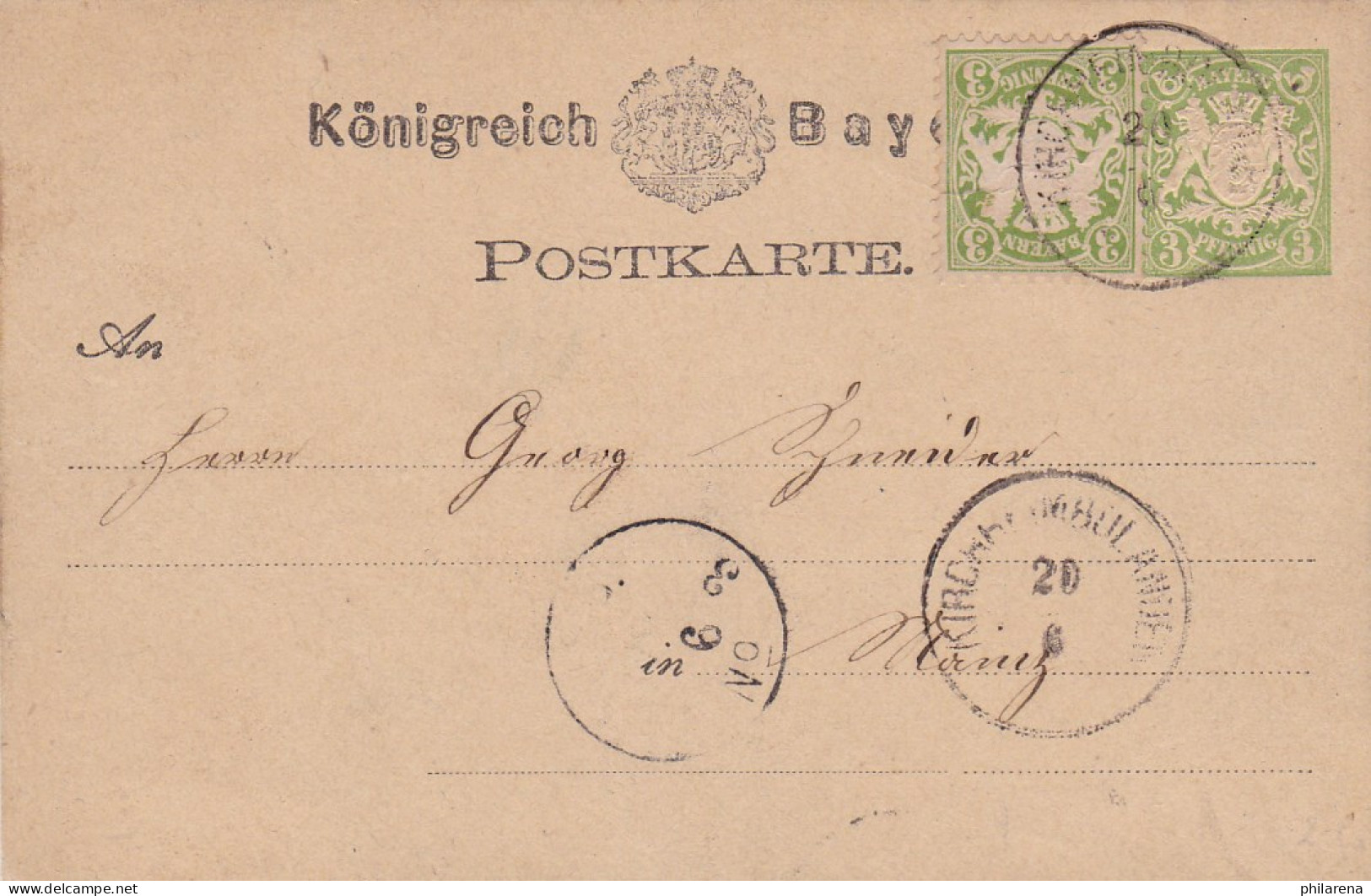 Bayern: 1877, Ganzsache Nach Mainz - Entiers Postaux