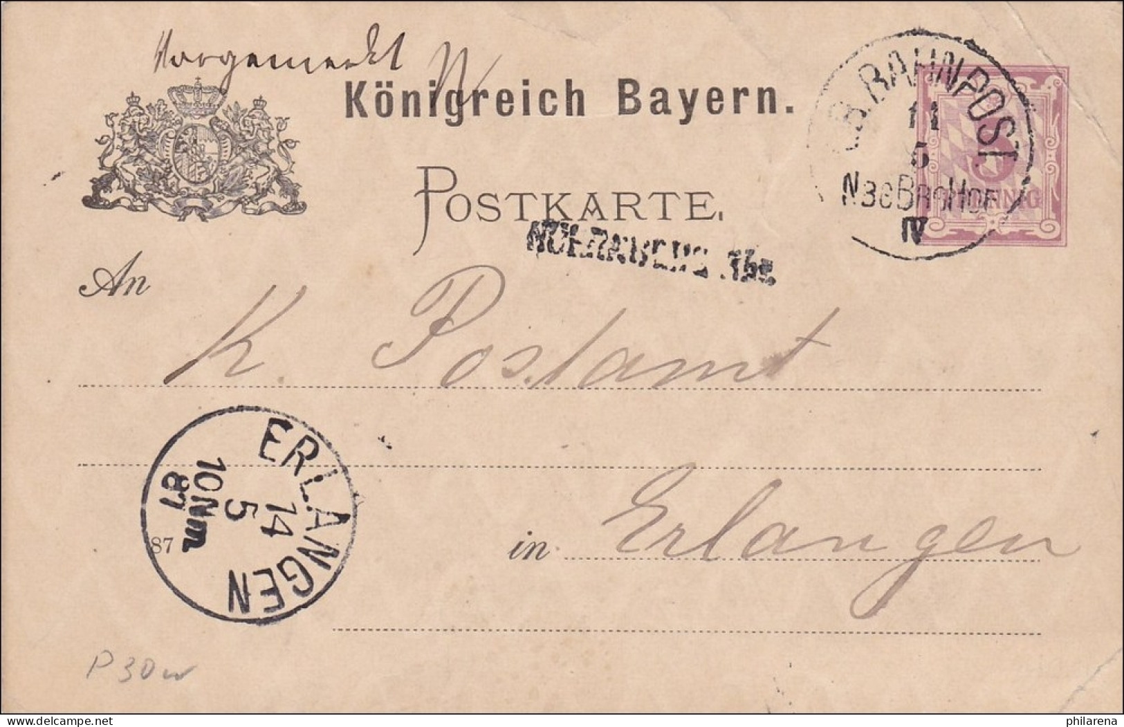 Bayern: 1887, Ganzsache Nach Erlangen - Postal  Stationery