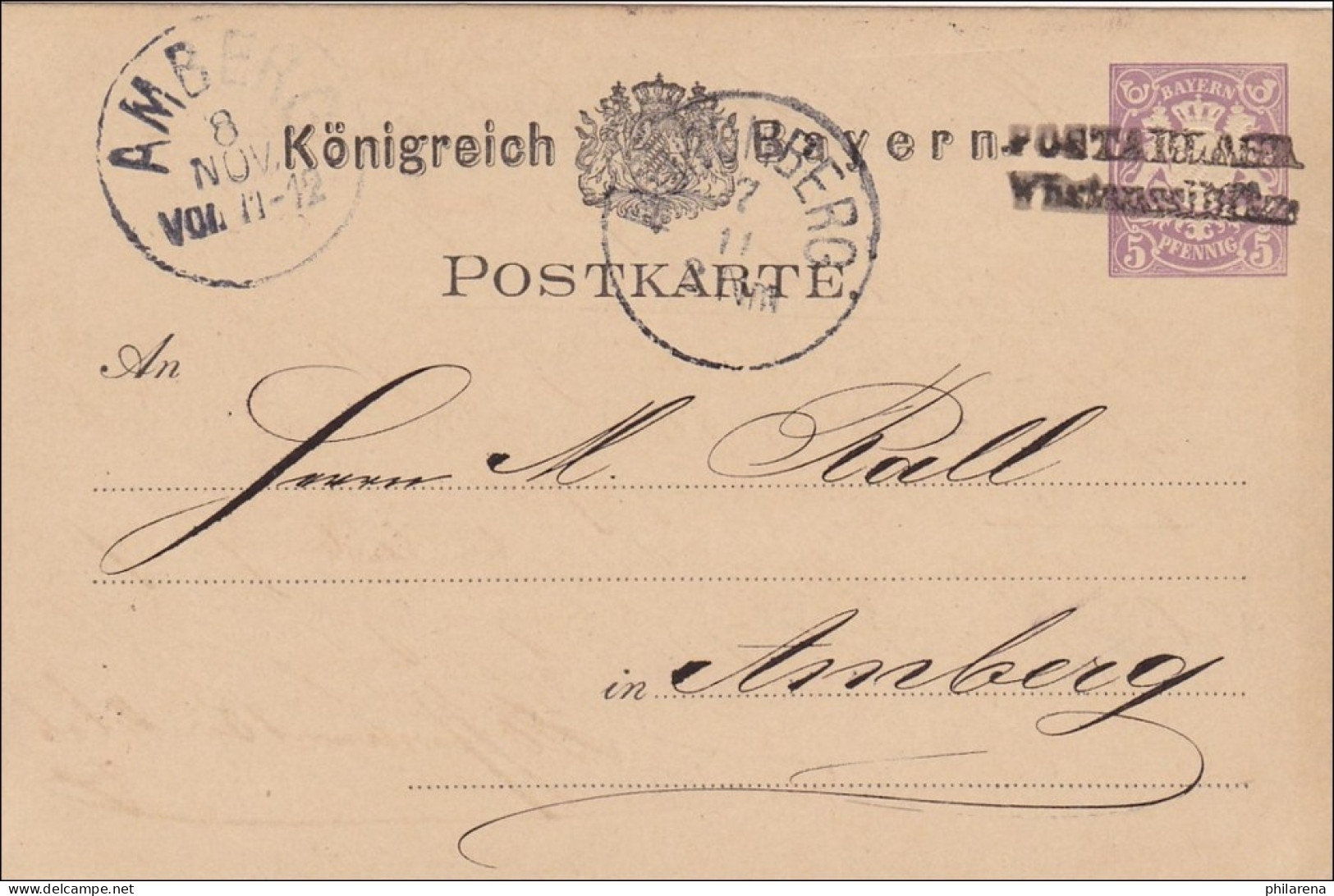 Bayern: 1881, Ganzsache Von Postablage Wüstensel..... Nach Amberg - Postal  Stationery