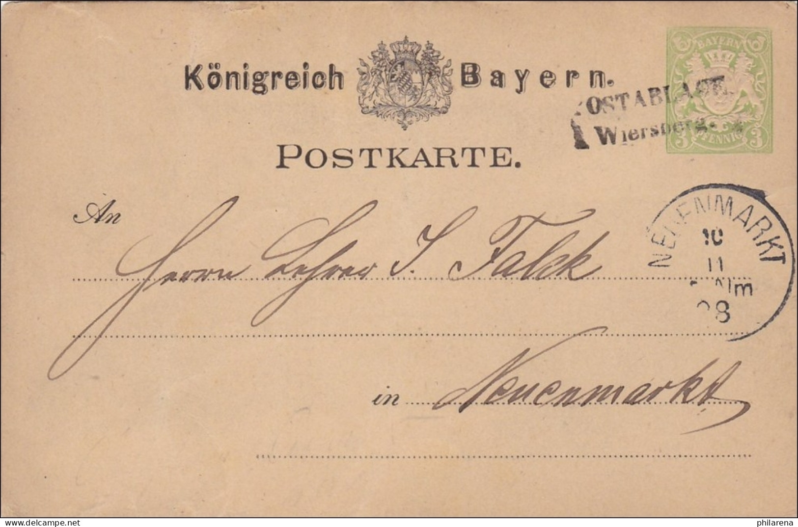 Bayern: 1888, Ganzsache Von Postablage Wiersberg Nach Neuenmarkt - Entiers Postaux