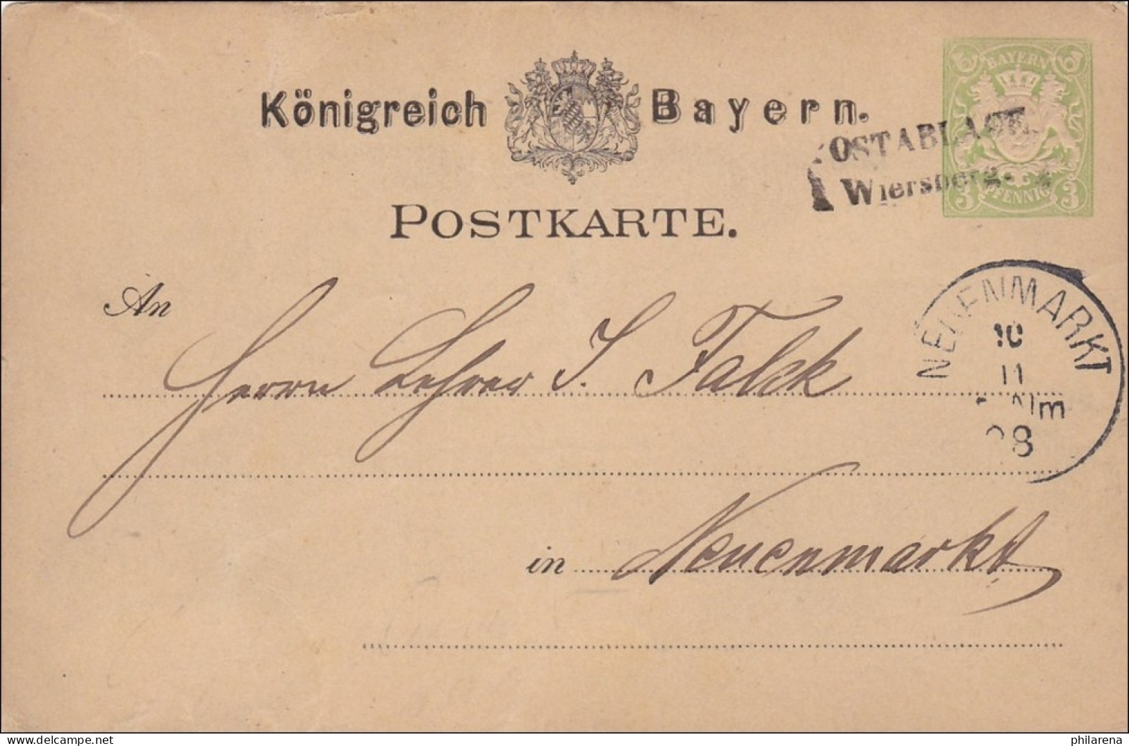 Bayern: 1888, Ganzsache Von Postablage Wiersberg Nach Neuenmarkt - Ganzsachen