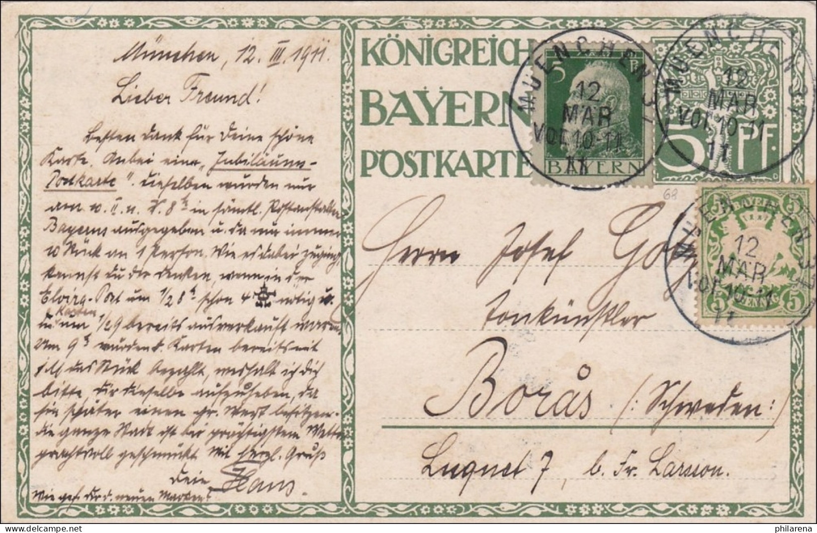 Bayern: 1911, Ganzsache Von München Nach Borås/Schweden - Entiers Postaux