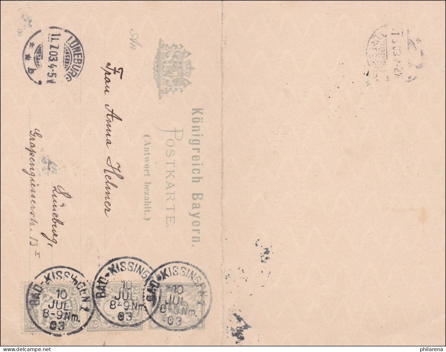 Bayern: 1903, Ganzsache (bezahlte Antwort) Von Kissingen Nach Lüneburg - Entiers Postaux