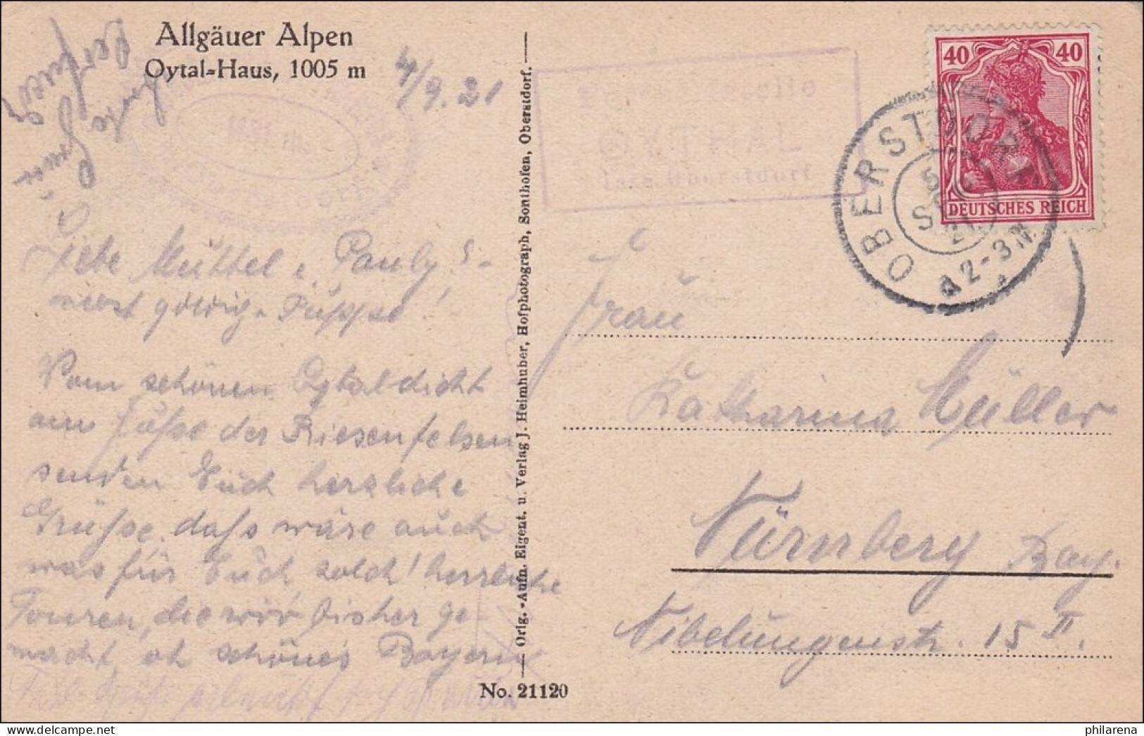 Bayern: 1921, Postkarte Allgäuer Alpen, Oytal-Haus Nach Nürnberg - Lettres & Documents