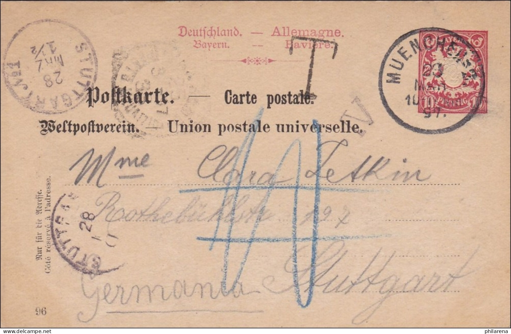 Bayern: 1897, Ganzsache Von München Nach Stuttgart Mit Nach-Taxe - Postwaardestukken