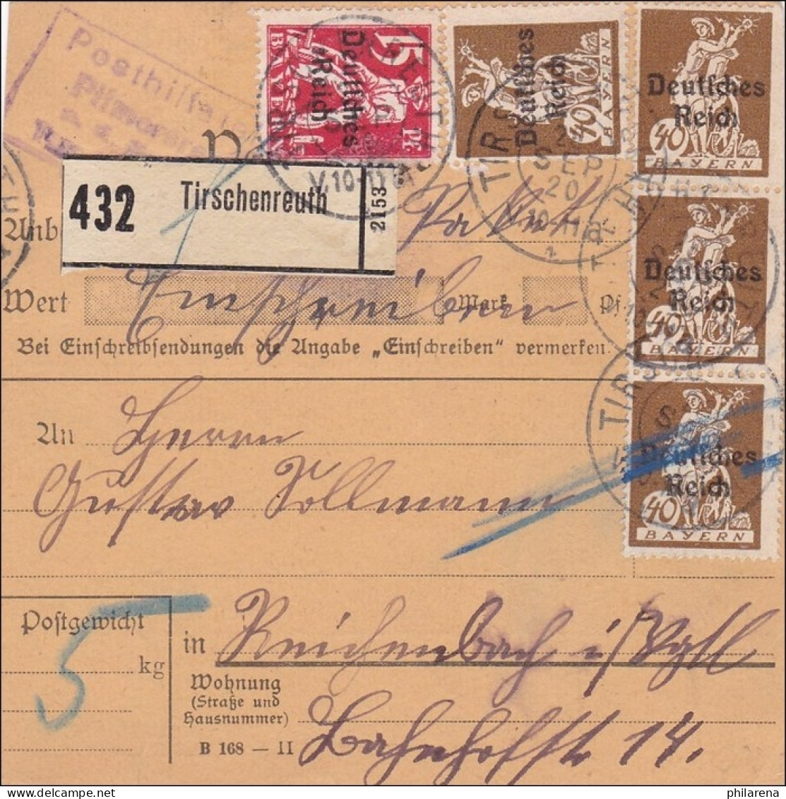 Bayern: 1920 Paketkarte Tirschenreuth Mit Posthilfsstelle: Seltener Stempel - Briefe U. Dokumente